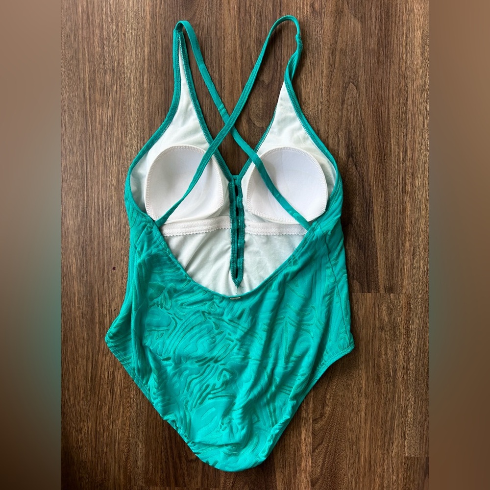 ST. JOHN SWIM Teal Textured V-Neck One Piece Henley Swimsuit Luxury Designer 10 - Picture 9 of 14